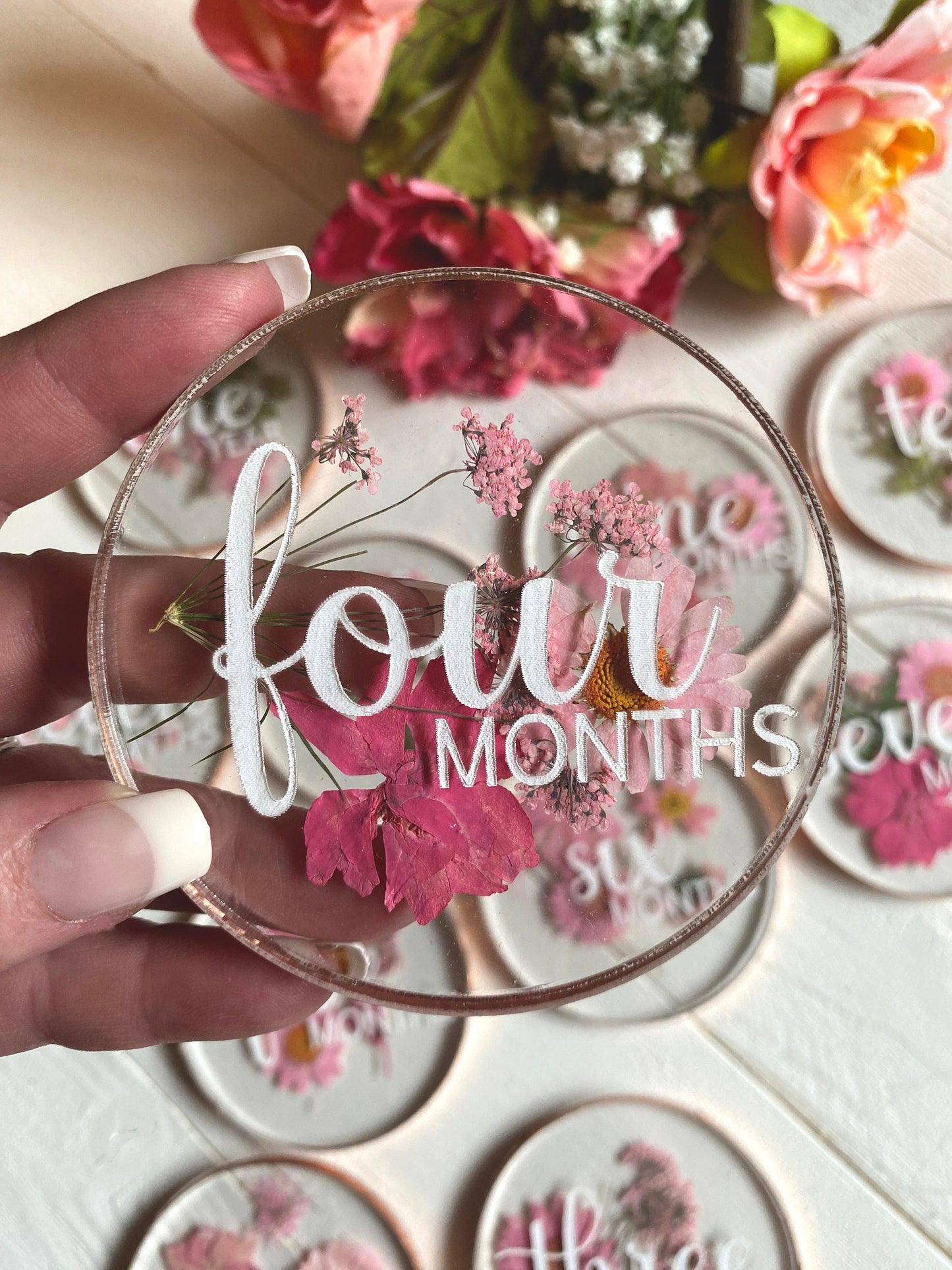 Pressed Flower Acrylic Monthly Milestone Set Newborn Photo Props